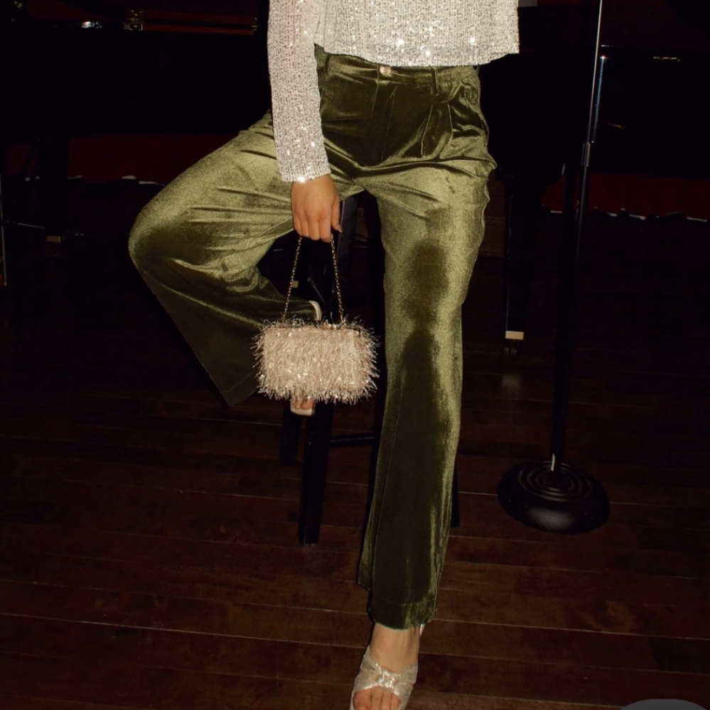 Elegant Olive Velvet Wide Leg Pants